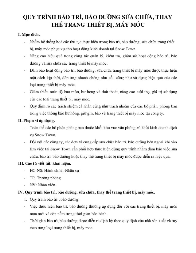 QUY TRÌNH 6 BƯỚC BẢO TRÌ, BẢO DƯỠNG MÁY MÓC THIẾT BỊ CHUẨN